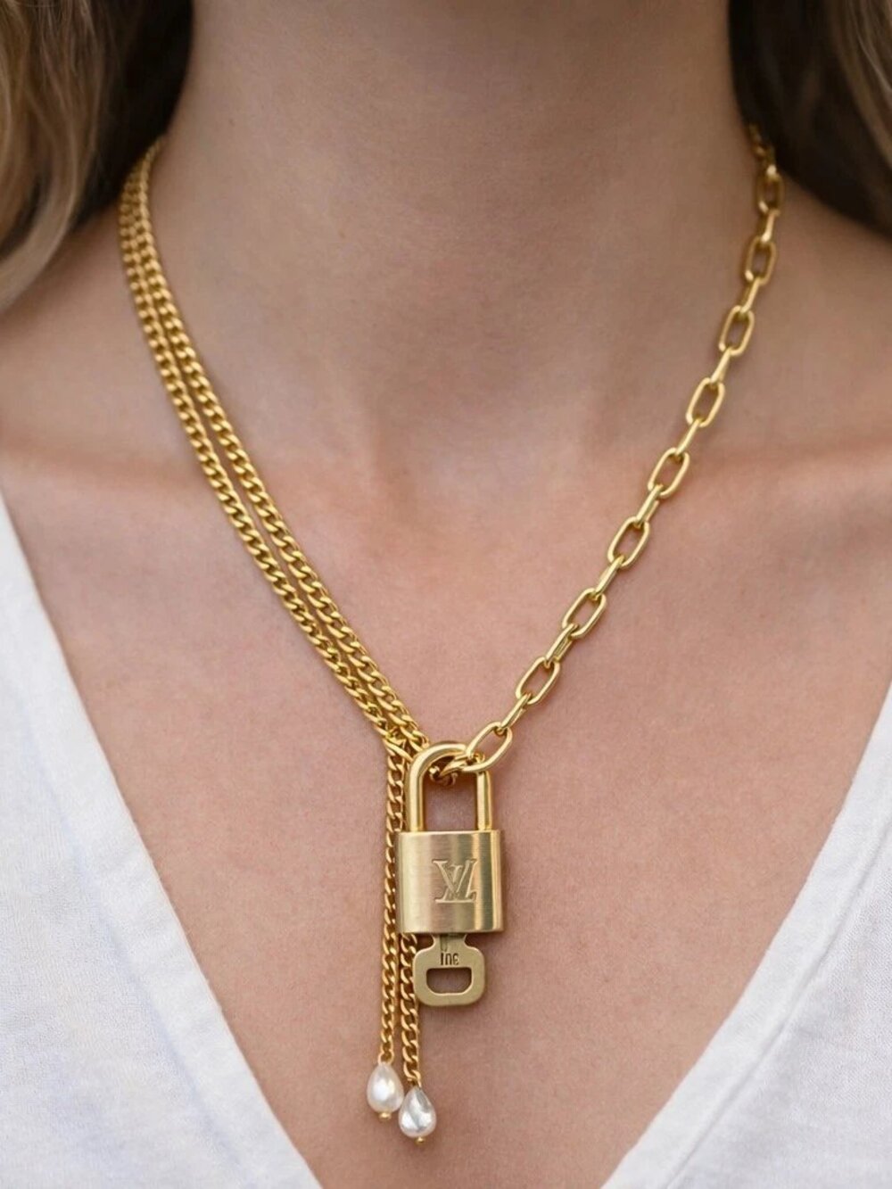 Stainless Steel Gold-Plated Necklace with Authentic Louis Vuitton Padlock